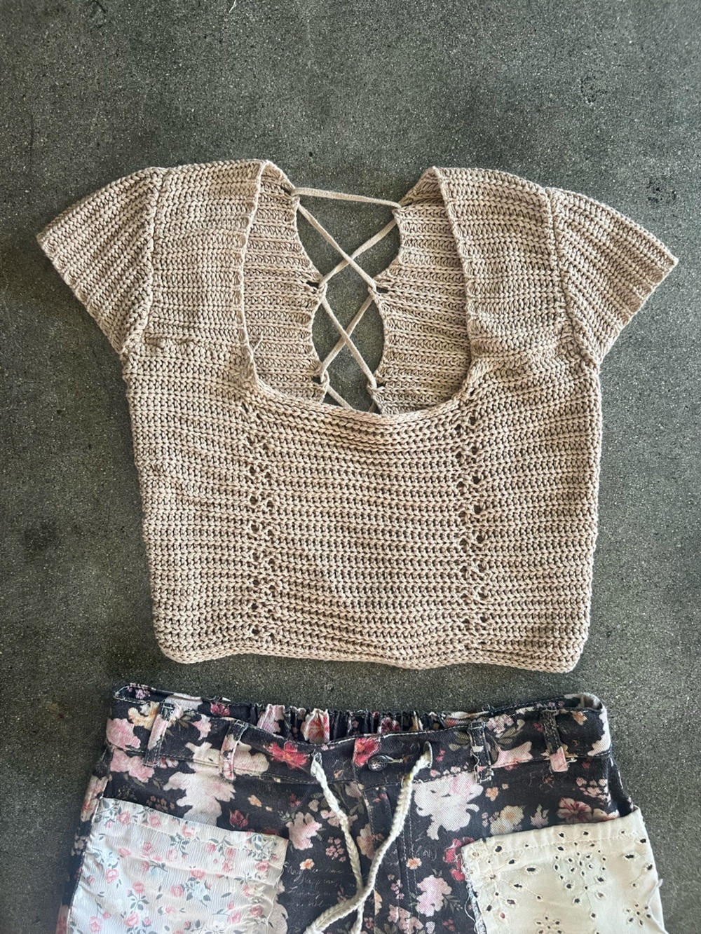 Cream Crochet Crop Top with Lace-Up Back